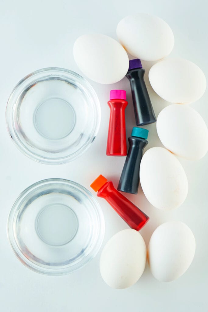 ingredients to make food coloring dyed easter eggs