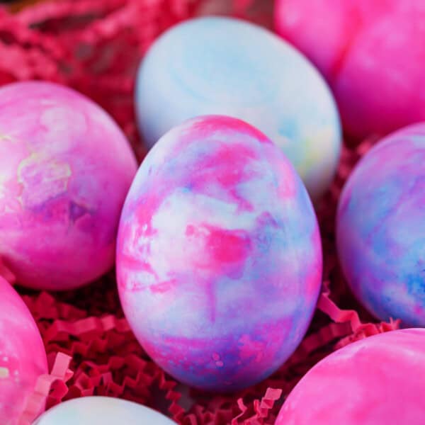 closeup of shaving cream dyed easter eggs