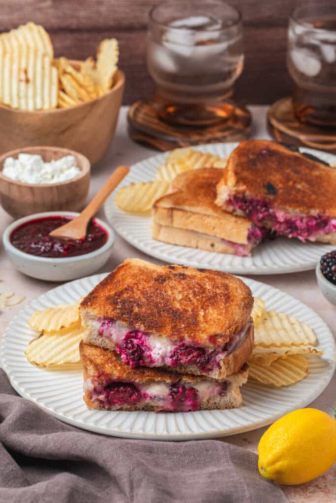 Full plate with grilled cheese, potato chips, jam, and lemon in the foreground