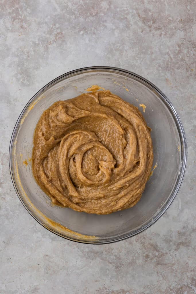 Wet mixture stirred to a smooth consistency after incorporating the sourdough discard.
