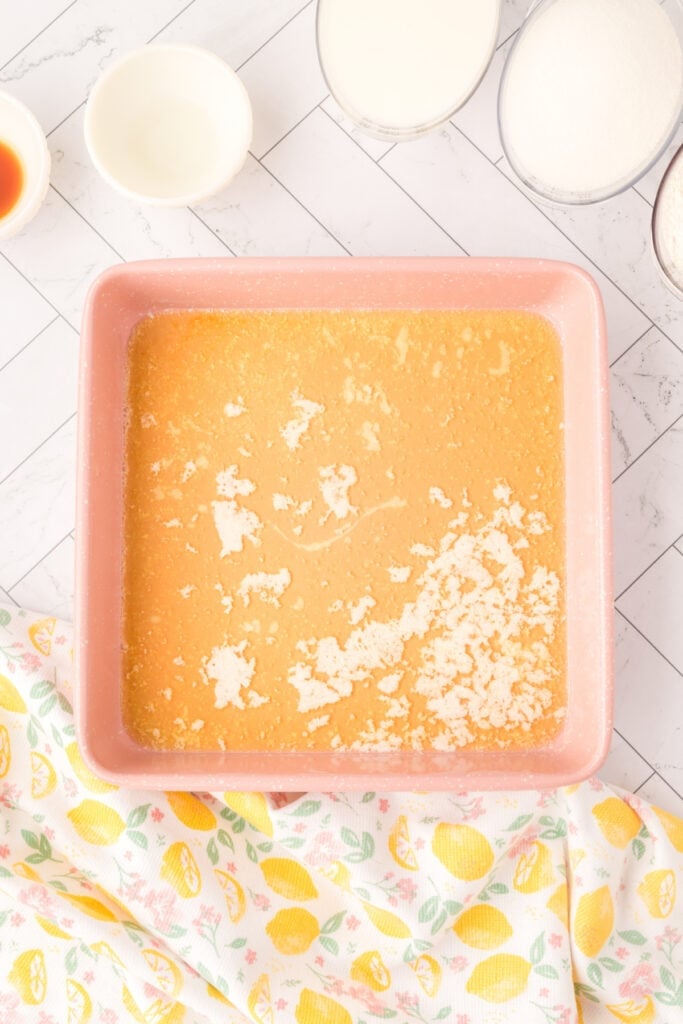 Melted butter in the bottom of a pink baking dish, surrounded by ingredients