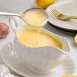 closeup lemon butter sauce in serving dish