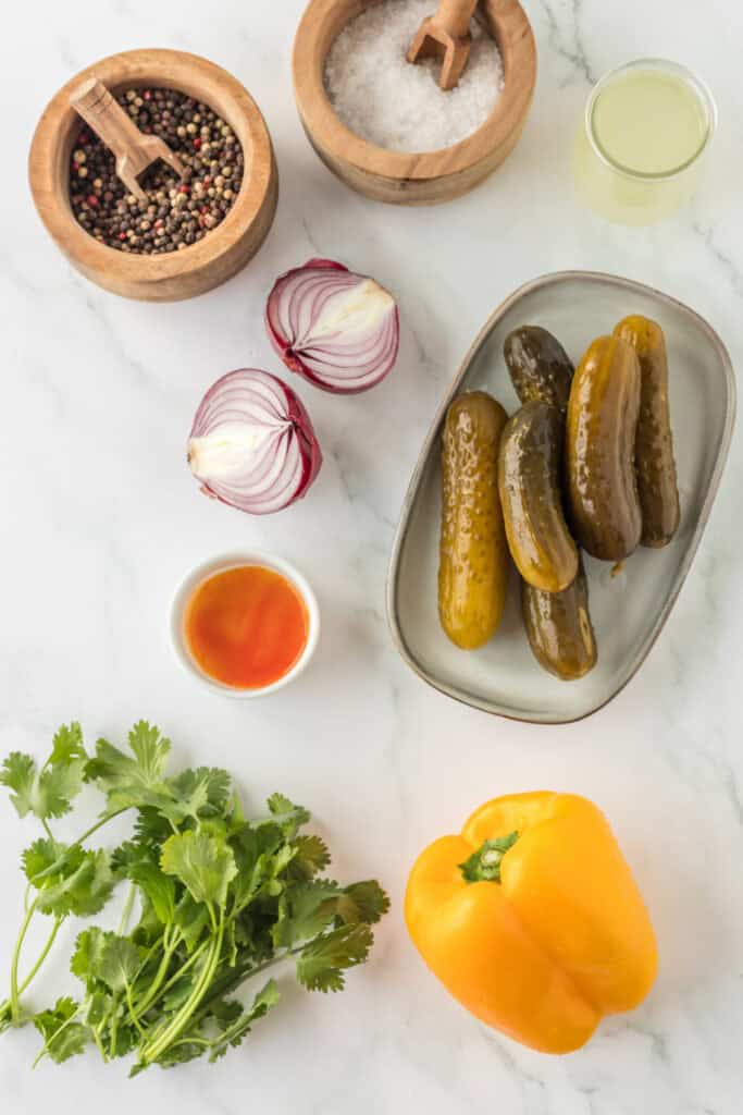Ingredients for Pickle de Gallo arranged on a white countertop, including dill pickles, red onion, bell pepper, sriracha, cilantro, salt, pepper, and pickle brine.