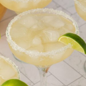 closeup of margarita in salt rimmed glass