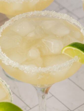 closeup of margarita in salt rimmed glass