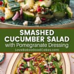 smashed cucumber salad with pomegranate dressing pin collage