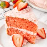 closeup of a slice of strawberry cake on plate