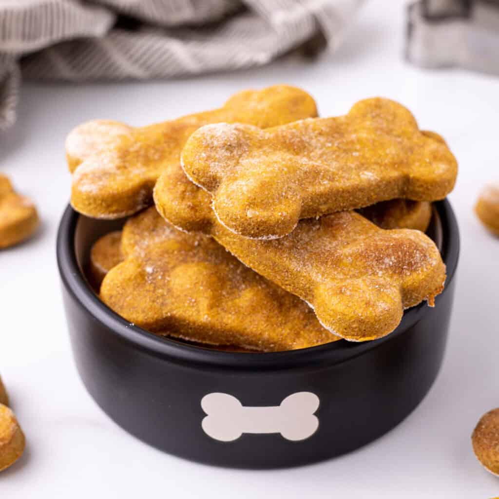 Square image of pumpkin dog treats stacked in a black bowl with bone design.