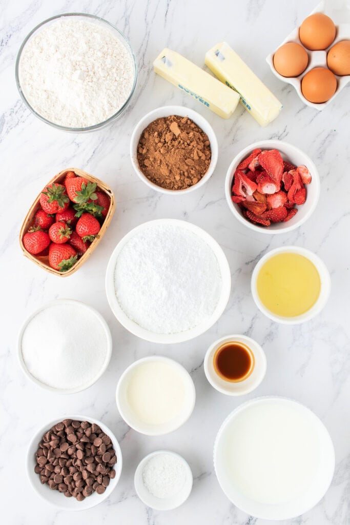 Overhead view of measured ingredients for chocolate strawberry cake on a marble countertop, including fresh and freeze-dried strawberries.