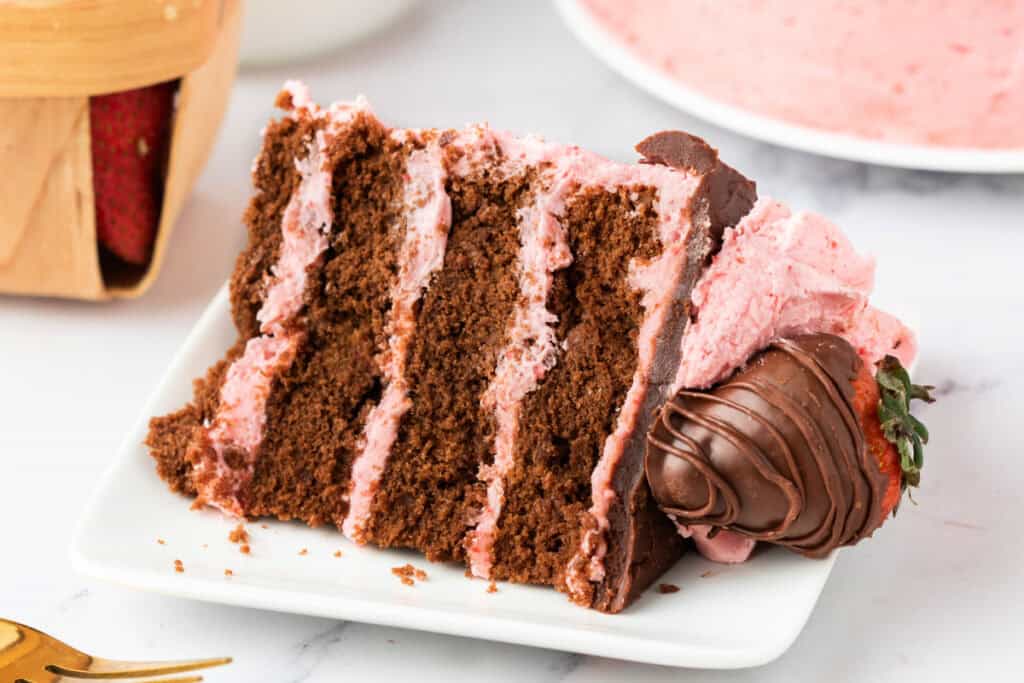 Horizontal close-up of a chocolate strawberry cake slice on a white plate with a chocolate-covered strawberry garnish.