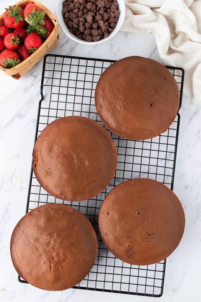 Four baked chocolate cake layers cooling on a wire rack, with fresh strawberries and chocolate chips in the background.