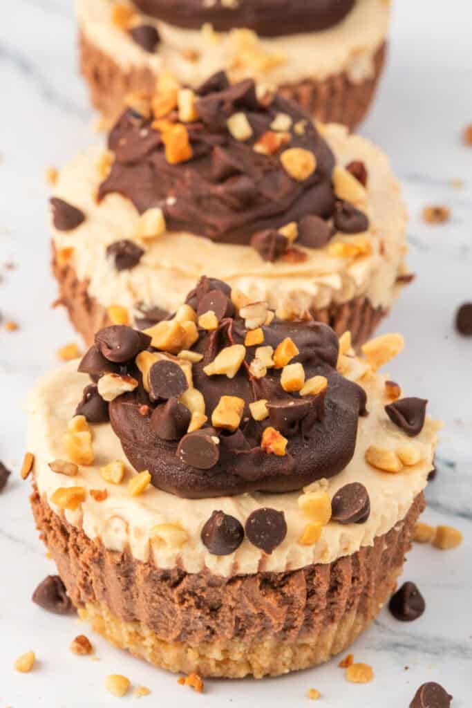 Three mini cheesecakes topped with chocolate ganache, mini chocolate chips, and chopped peanuts arranged in a row.