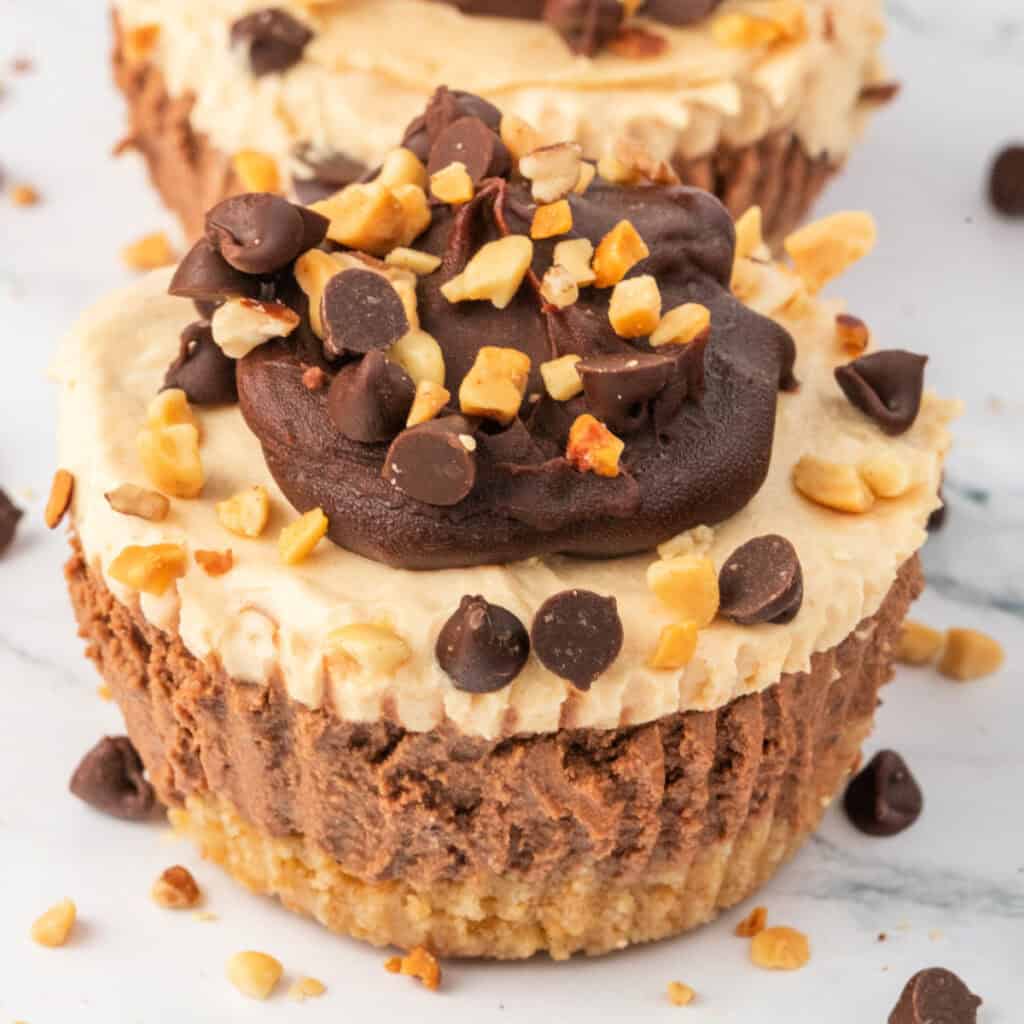 Overhead view of mini cheesecakes on a white plate, decorated with chocolate ganache, mini chocolate chips, and chopped peanuts.