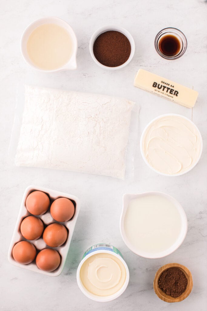 Overhead shot of ingredients for a homemade tiramisu cake recipe on a marble countertop.