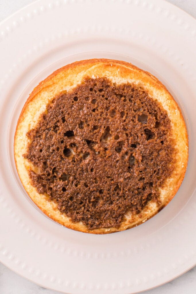 Top-down view of a cake layer soaked with espresso syrup, placed on a white plate.