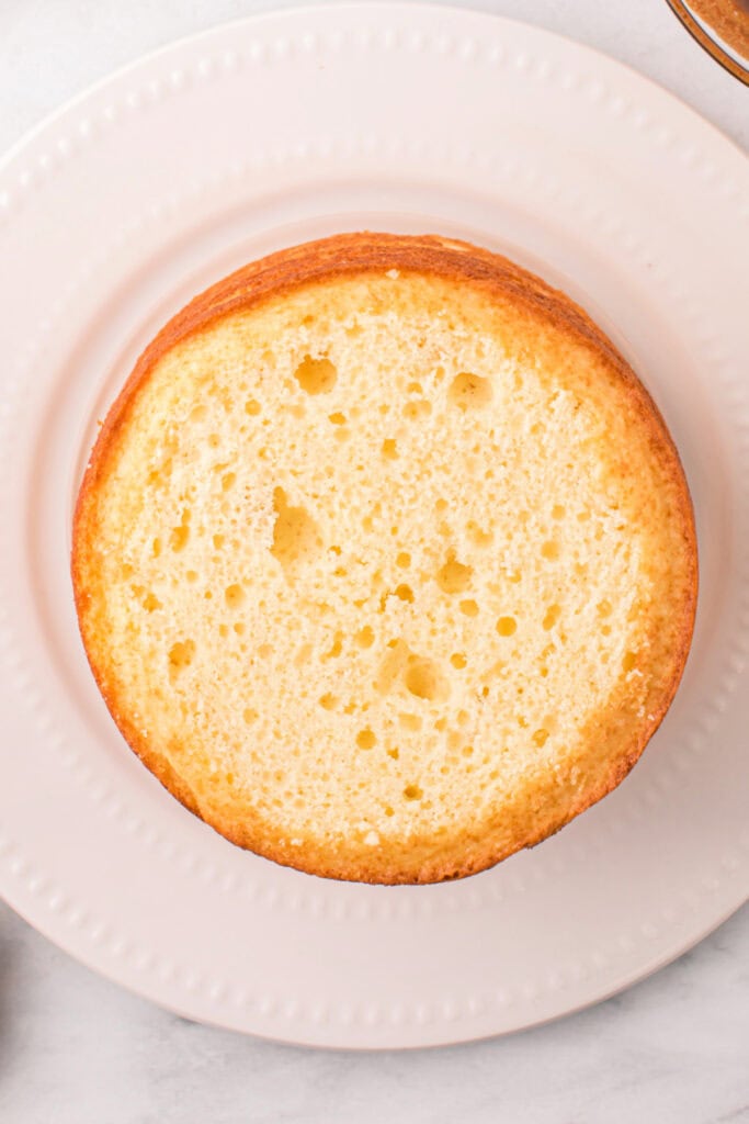 Fresh, plain cake layer added on top of frosted bottom layer.