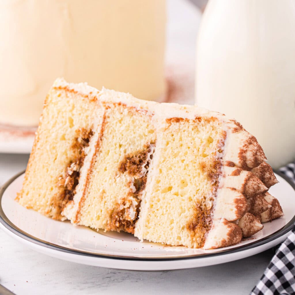 Square cropped image of a tiramisu cake slice showing coffee-soaked layers and mascarpone frosting.