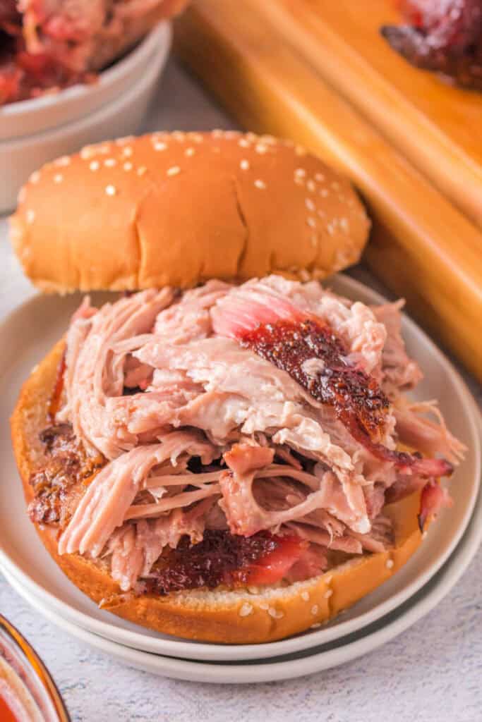 Piled pulled pork sandwich on a sesame bun, served on a small white plate.