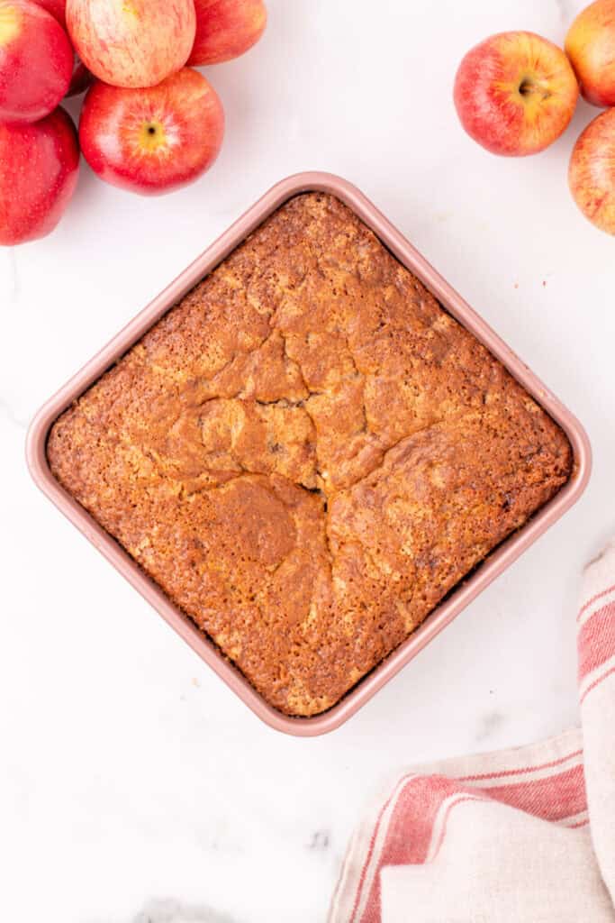 	Fully baked apple spice snack cake in the pan, golden and crackled on top