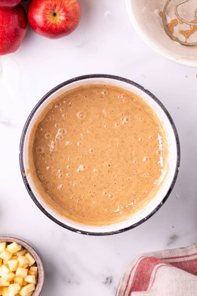 Fully combined spiced batter ready for diced apples