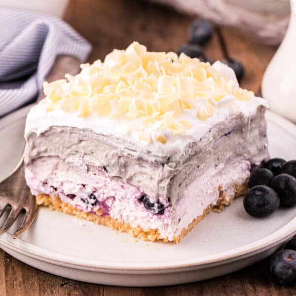 A slice of blueberry cheesecake on a plate.