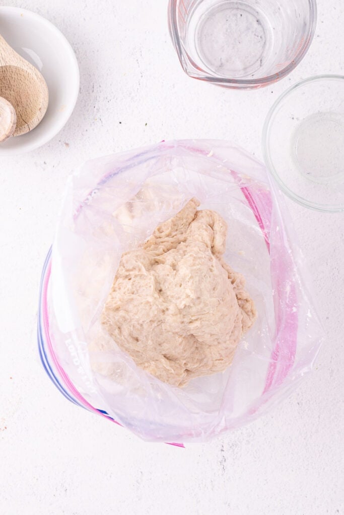 Fully kneaded bread dough inside a Ziploc bag