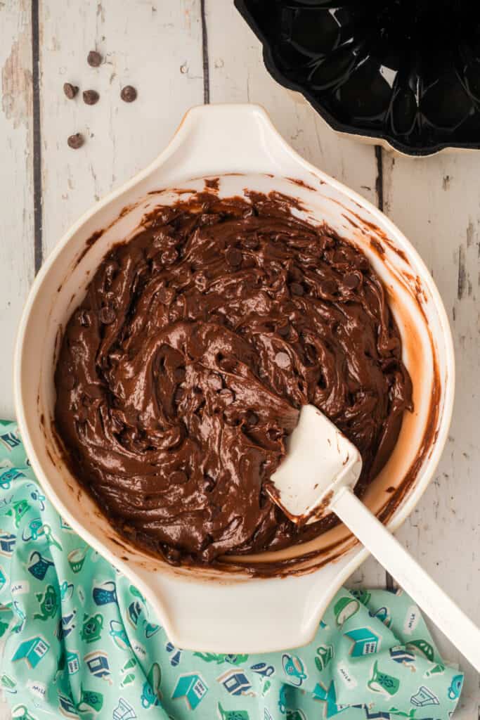 Fully combined chocolate cake batter with chocolate chips stirred in, ready to be transferred to the pan.