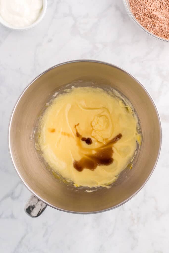 Mixed batter in a bowl with vanilla extract just added.