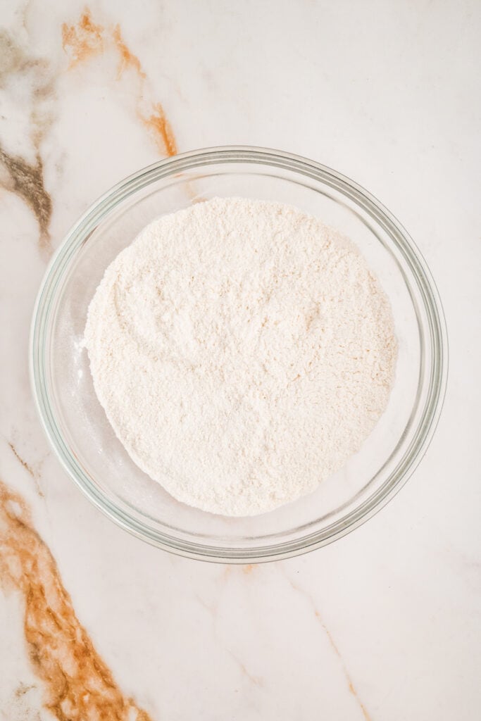 Dry ingredients fully whisked together in a mixing bowl