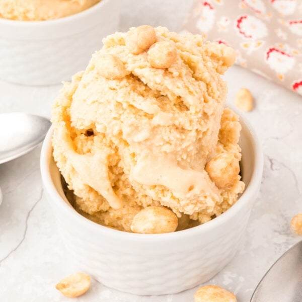 Square image of peanut butter ice cream in a white ramekin, garnished with peanuts and ready to serve.
