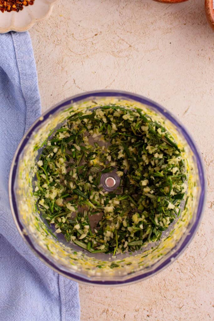 Finely chopped herb and garlic mixture after processing