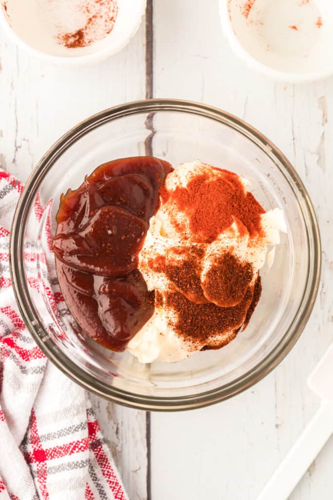 All ingredients for Red Robin Campfire Sauce combined in a glass mixing bowl
