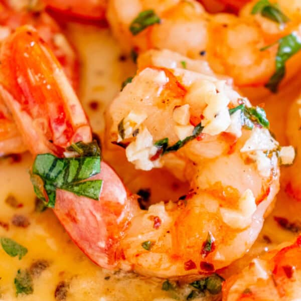 Square image of shrimp coated in garlic butter, garnished with parsley and surrounded by a rich buttery sauce.