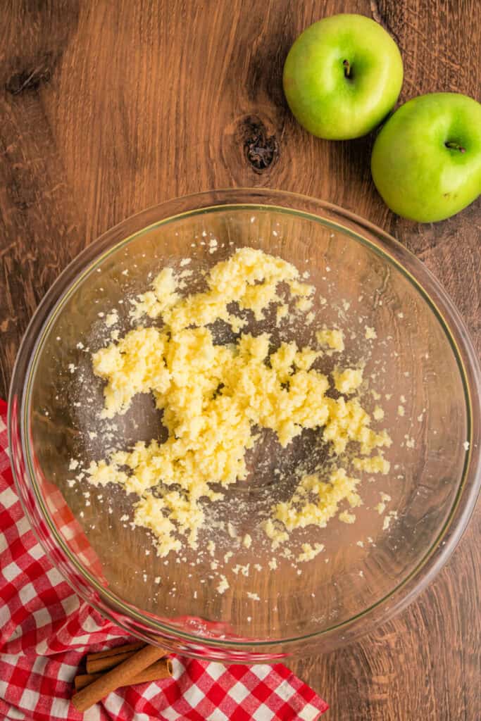 Butter and sugar mixture after being creamed until light and fluffy.