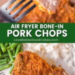 Ingredients for air fryer bone-in pork chops including pork chops, croutons, grated cheese, spices, and olive oil on a counter.