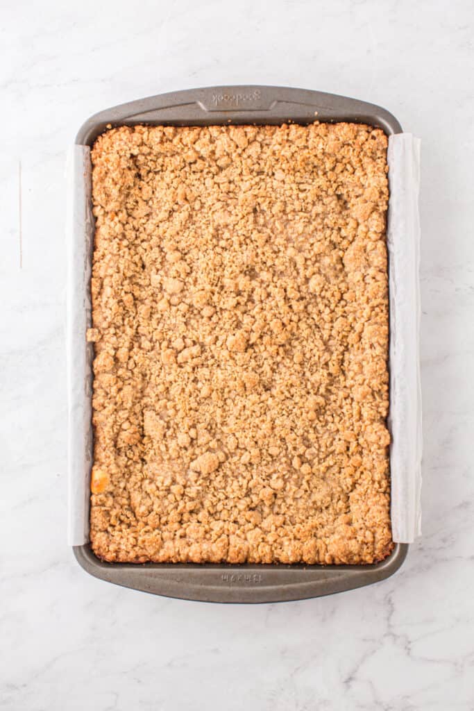 Baked caramel apple cheesecake bars cooling in the pan with golden brown crumb topping.