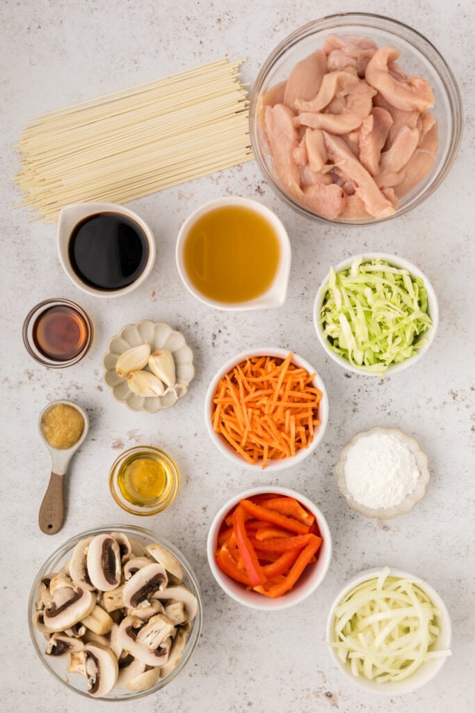 Overhead shot of Chicken Lo Mein ingredients in bowls and cups including chicken, noodles, vegetables, soy sauce, and broth