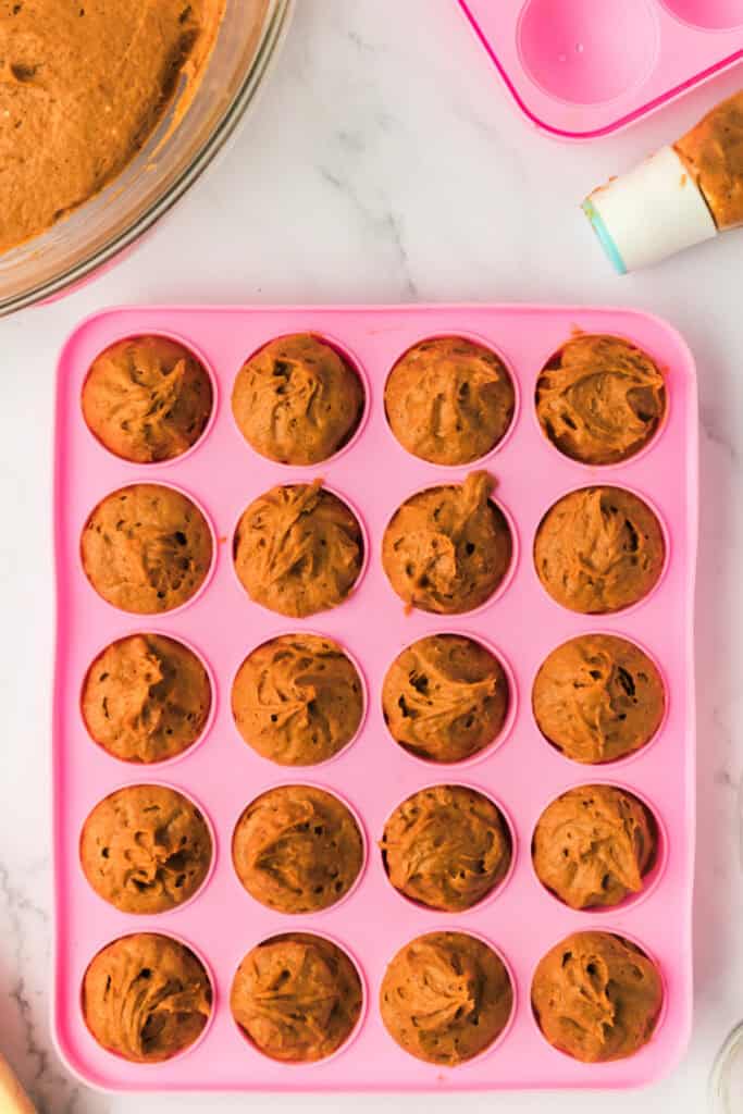 Pink silicone cake pop mold filled with pumpkin spice donut holes batter before baking.