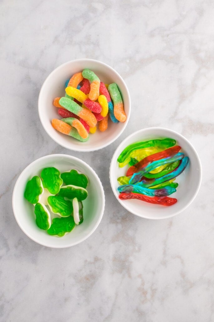 Three small bowls with gummy candies including sour worms, green gummy frogs, and gummy snakes for punch decoration.