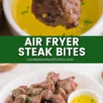Plate of juicy air fryer steak bites garnished with parsley and served with melted garlic butter dip.