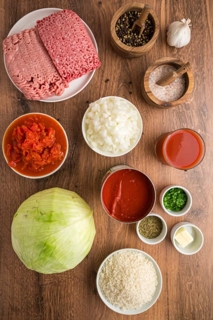 Overhead view of Cabbage Rolls ingredients including ground beef, pork, cabbage, rice, diced tomatoes, onions, tomato sauce, and seasonings.
