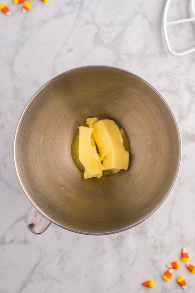 Mixing bowl with softened butter ready to be creamed for cupcake batter.
