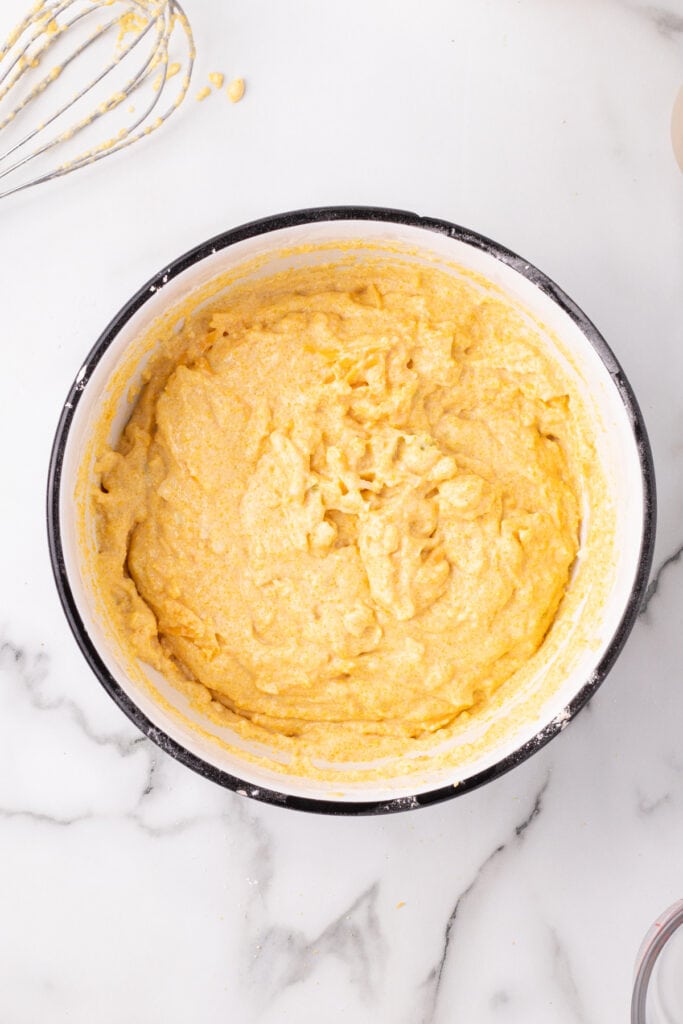 Final Cheddar Onion Cornbread batter fully mixed and ready to pour into the skillet.