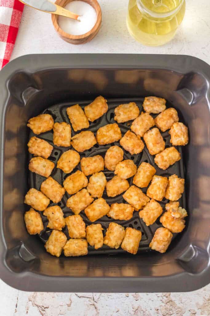 Seasoned frozen tater tots arranged in a single layer inside an air fryer basket before cooking.