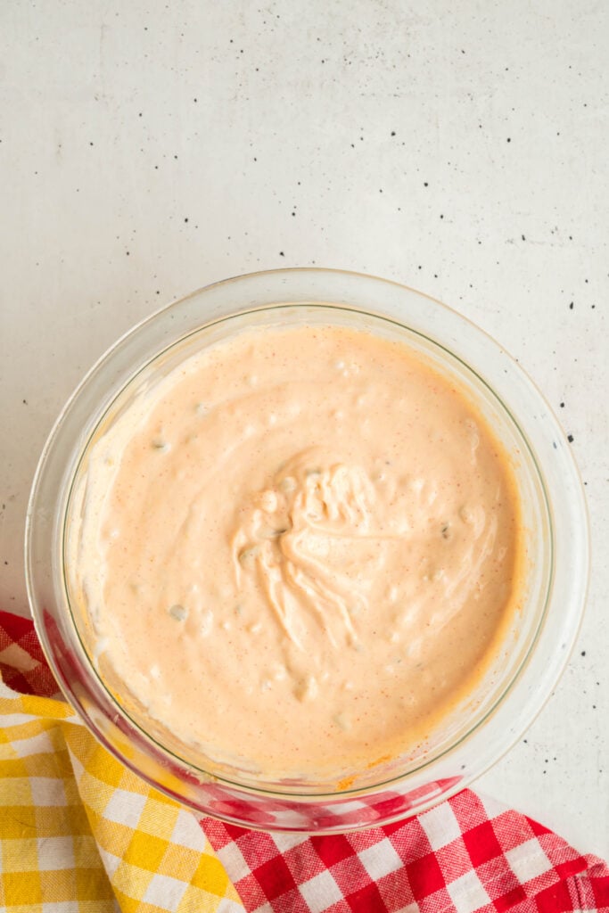 Smooth and creamy prepared Big Mac sauce in a glass bowl, ready to use for Big Mac Sloppy Joes.