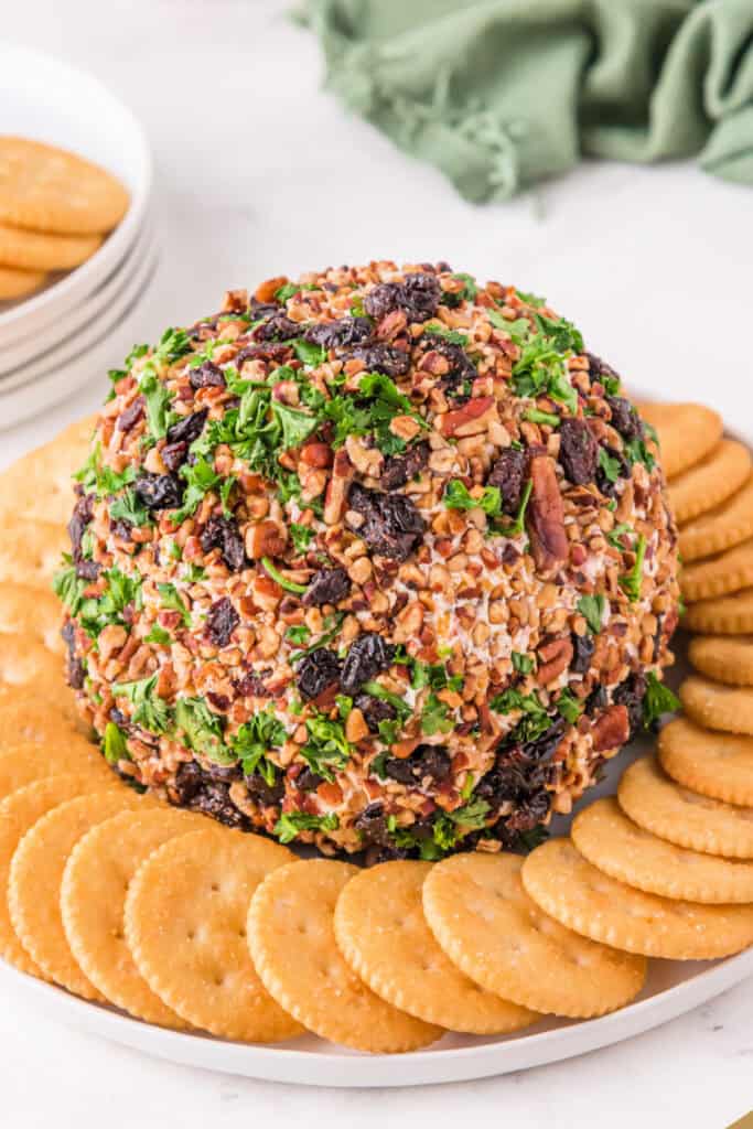 Close-up of the finished Holiday Cheese Ball on a serving plate surrounded by round crackers.