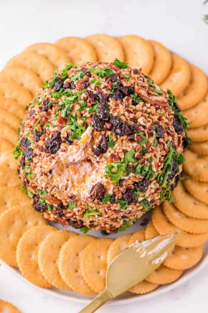 Overhead view of Holiday Cheese Ball with a serving knife and crackers arranged in a circle.