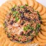 Square crop of Holiday Cheese Ball coated in pecans, cherries, and parsley, surrounded by crackers on a serving plate.