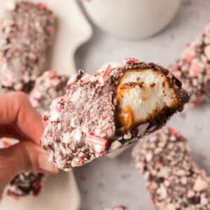 A close up square image of a hand holding a peppermint coated marshmallow wand with a visible caramel and marshmallow center.