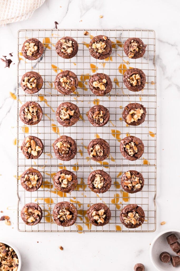 Overhead shot of many turtle brownie bites cooling on a wire rack with caramel drizzled underneath.